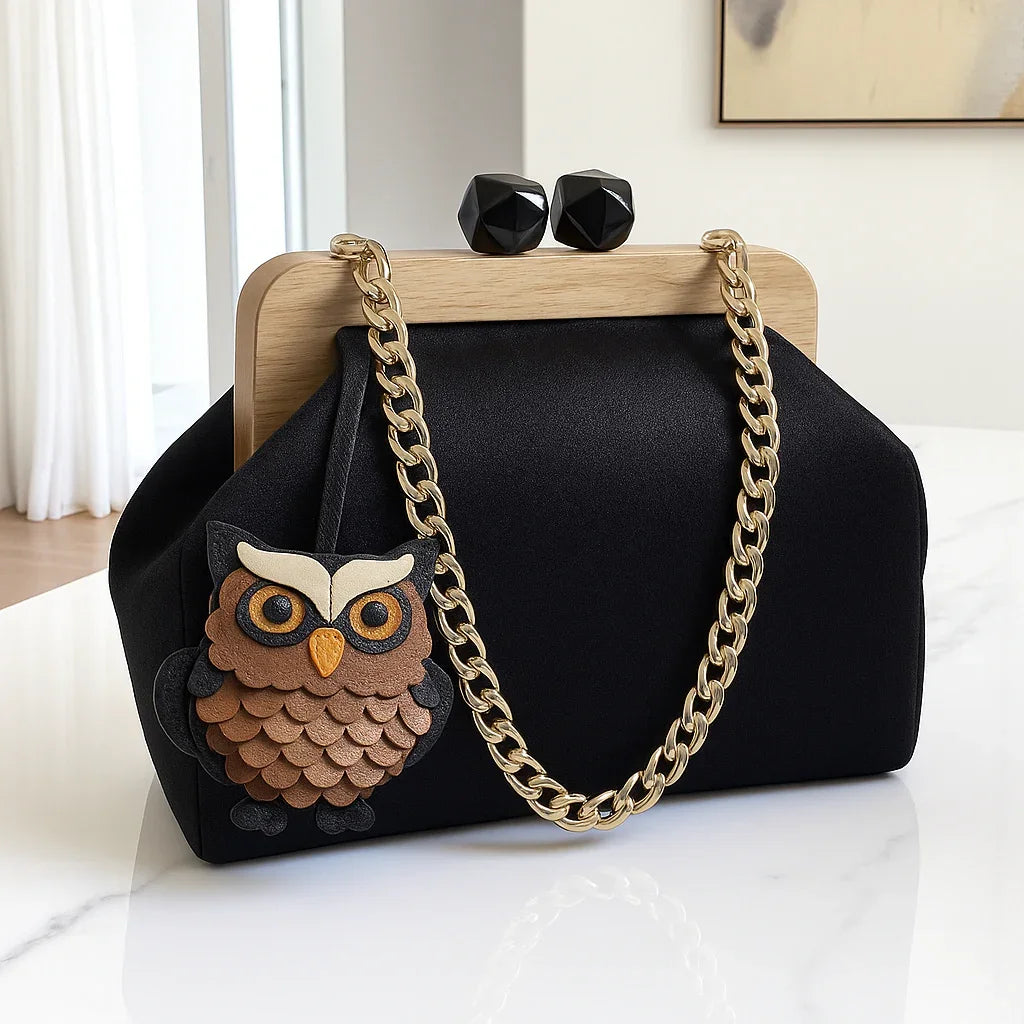 Black Large Clutch with Wooden Frame and Geometric Beaded Handle, Handmade Evening Bag | Modern Formal Purse | Aramele Atelier - Glam Duchess