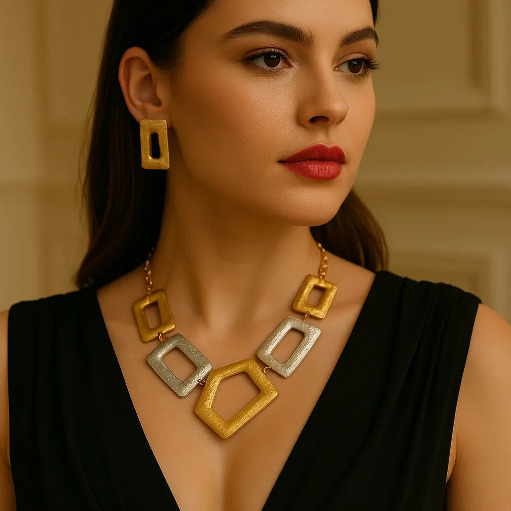 Chunky Geometric Jewelry Set - Bold Silver Gold Plated Necklace and Earrings Gift for Her, Handmade In Turkey - Glam Duchess