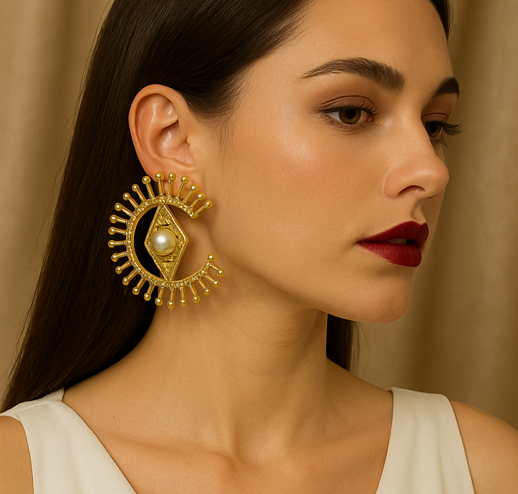 Handmade 18K Gold-Plated  Eye Statement Earrings with Pearl Center (6cm)