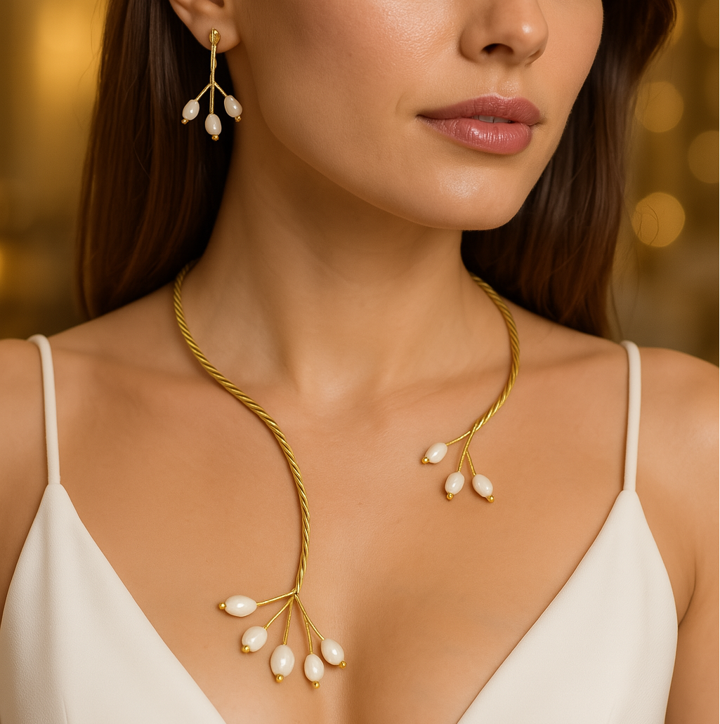 Gold Twist with Gemstone Branches Open Collar Necklace Earrings Set, Handmade In Turkey - Glam Duchess