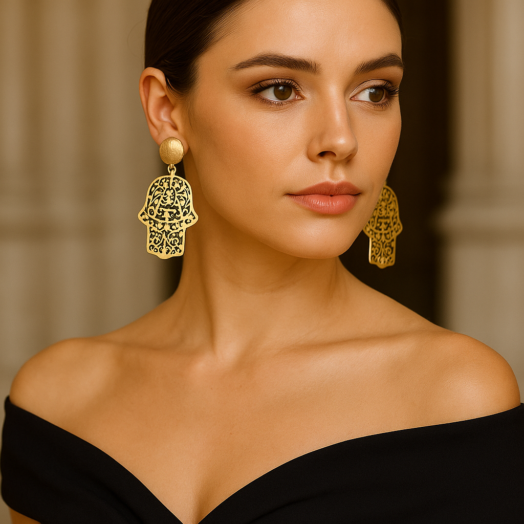 Gold-plated Turkish Dangle Earrings - Handmade Fatima Hand Hamsa Design, Handmade In Turkey - Glam Duchess
