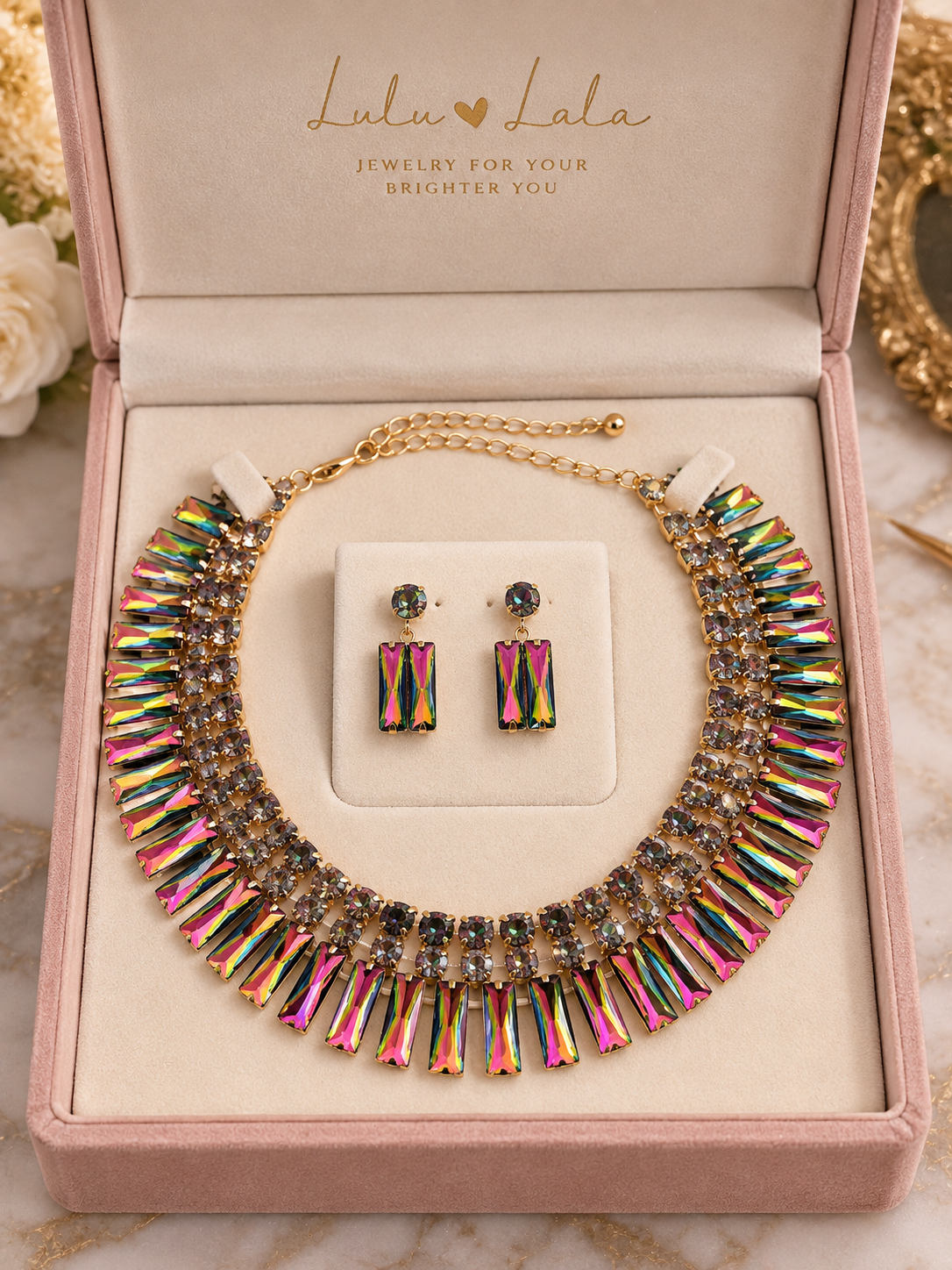 Round Rectangle Stone Cluster Evening Necklace - Jewelry Sets from Glam Duchess