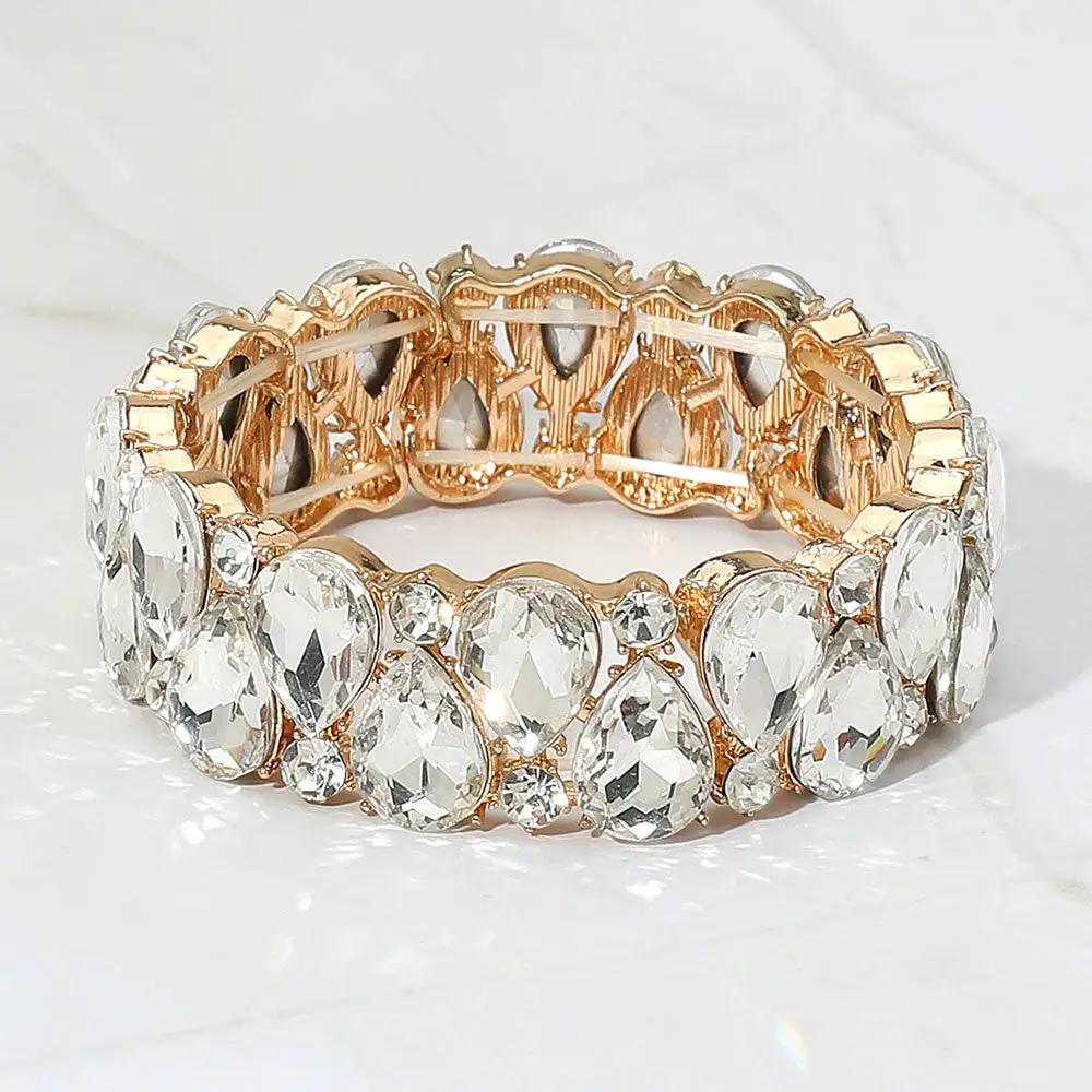 Clear Crystal Teardrop Stretch Bracelet | Gold Tone Bridal Statement Bracelet by Glam Duchess (emerald-green-teardrop-stretch-bracelet-gold-tone-statement-crystal-bracelet-for-evening-special-occasions-copy)