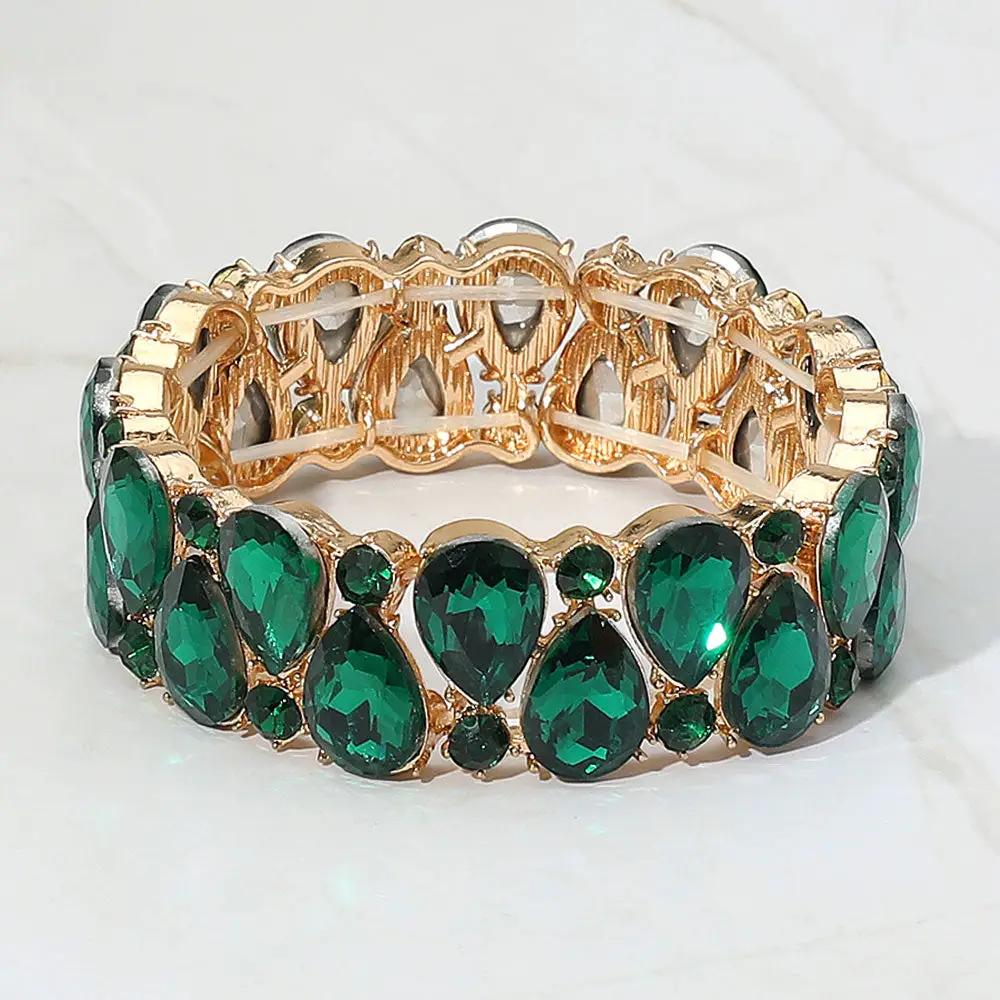 Emerald Green Teardrop Stretch Bracelet | Gold Tone Statement Crystal Bracelet for Evening & Special Occasions by Glam Duchess (emerald-green-teardrop-stretch-bracelet-gold-tone-statement-crystal-bracelet-for-evening-special-occasions)