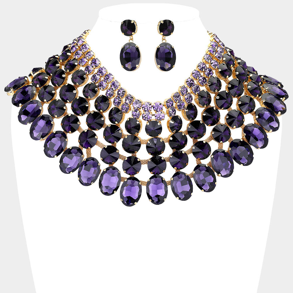 Purple Crystal Necklace – Chunky Statement Bib Necklace with Matching Earrings Set