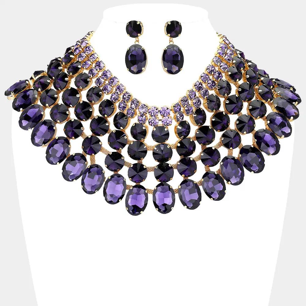 Purple Crystal Necklace – Chunky Statement Bib Necklace with Matching Earrings Set by Glam Duchess (chunky-purple-crystal-bib-necklace-statement-earrings-wedding-jewelry-set)