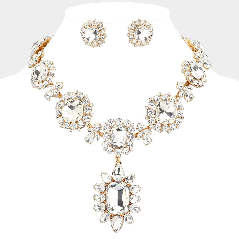 Crystal Statement Necklace & Earrings Set – Vintage Bridal Choker with Drop Pendant, Gold Tone Formal Jewelry