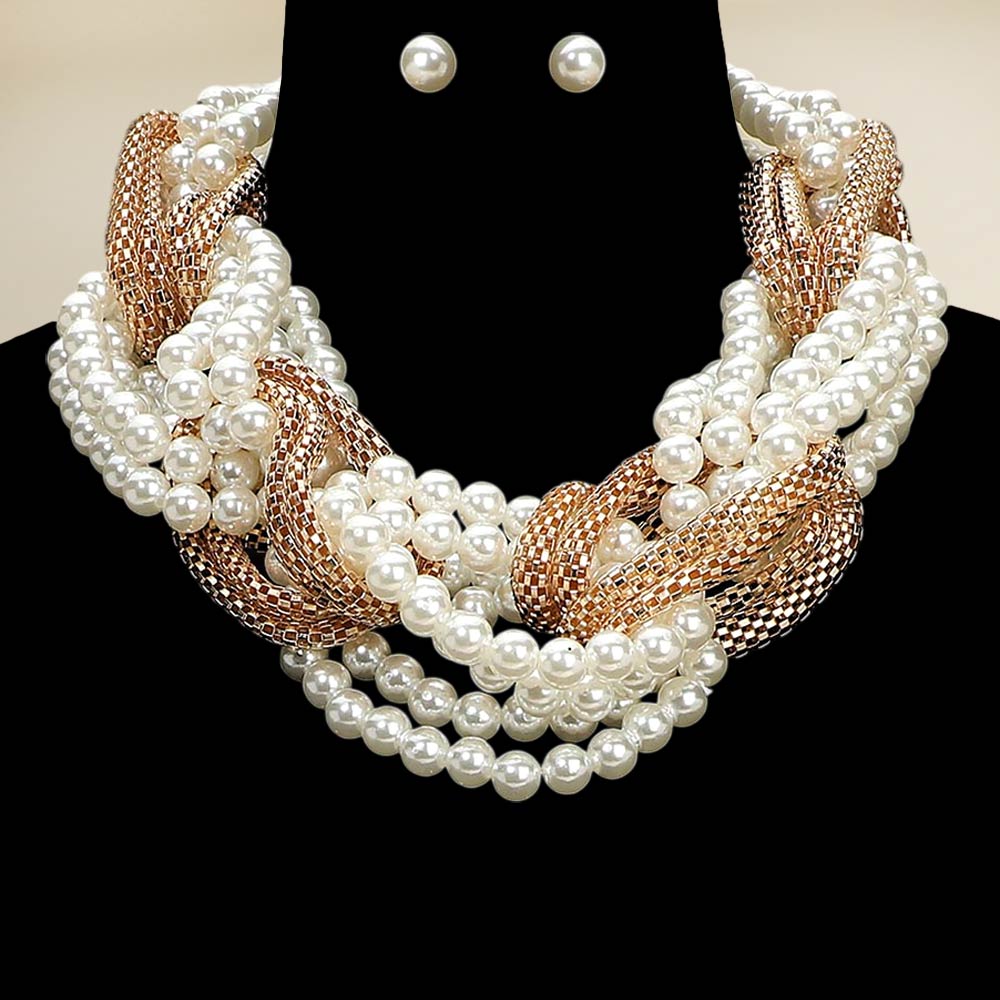 Bold Braided Pearl Metal Mesh Knot Statement Necklace Earrings Jewelry Set