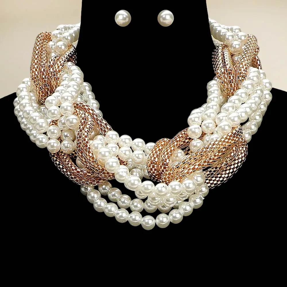 Bold Braided Pearl Metal Mesh Knot Statement Necklace Earrings Jewelry Set by Glam Duchess (bold-braided-pearl-metal-mesh-knot-statement-necklace-earrings-jewelry-set)