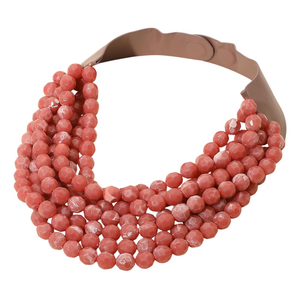 Marbled Faceted Ball Beaded Multi Layered Faux Leather Magnetic Necklace