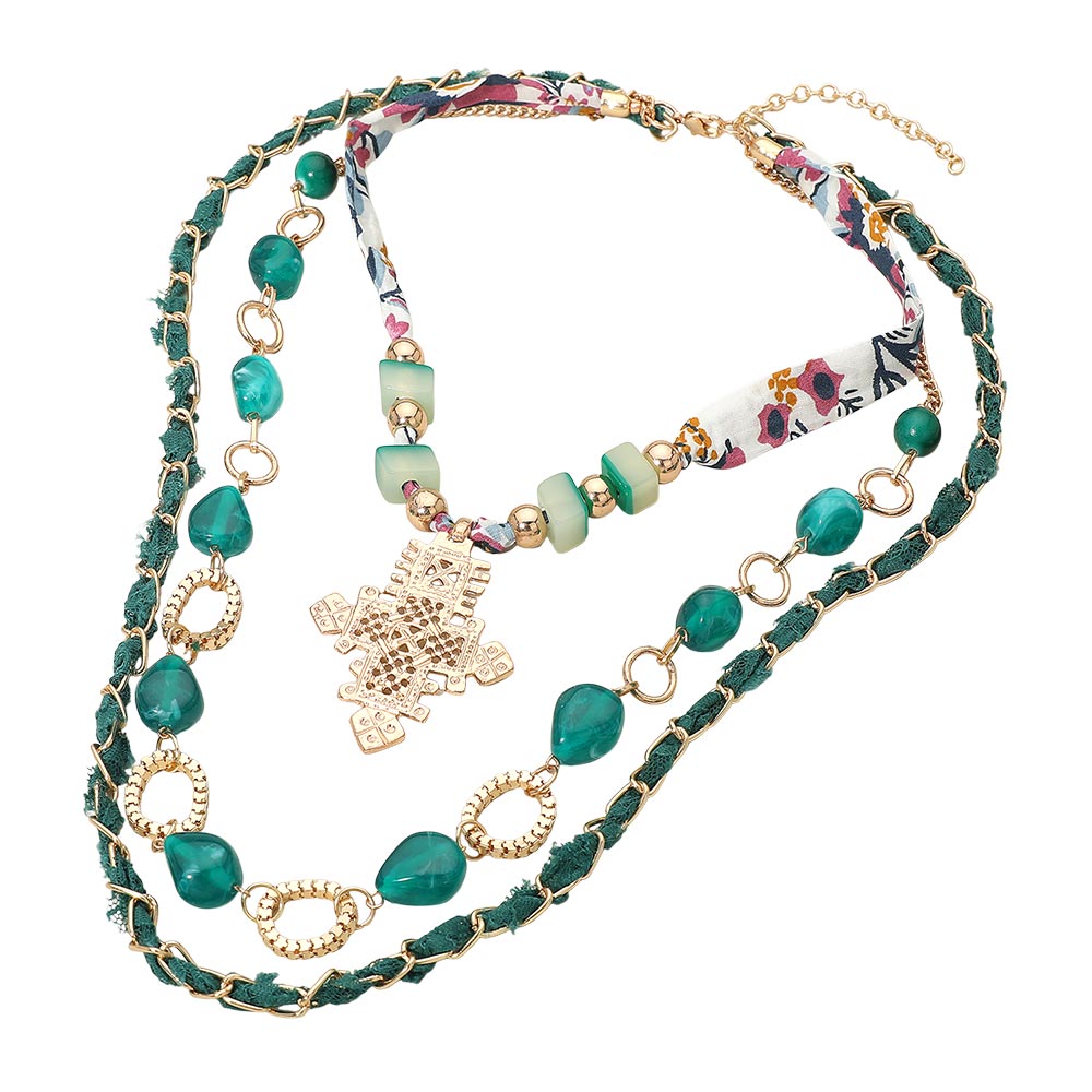 Abstract Mixed Charm Beaded Fabric Scarf Layered Necklace