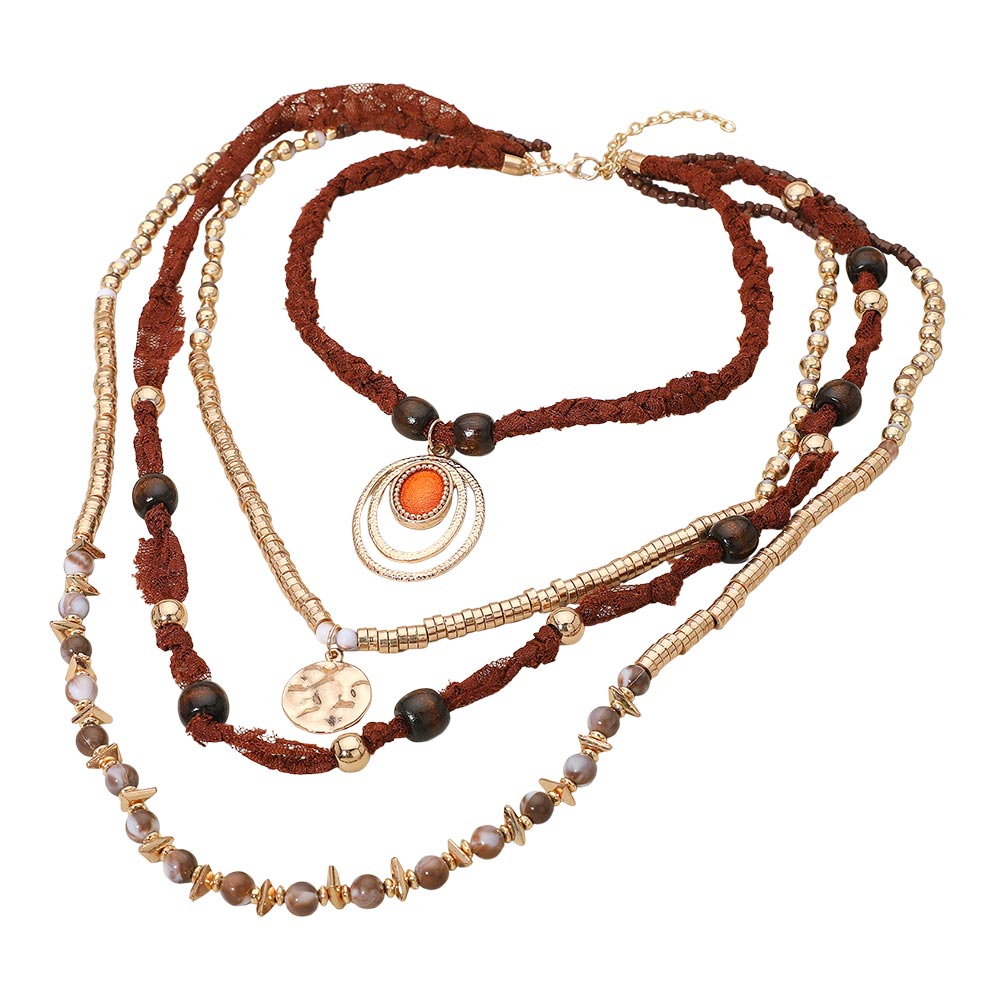 Boho Mixed Charm Accent Beaded Fabric Multi Layered Necklace