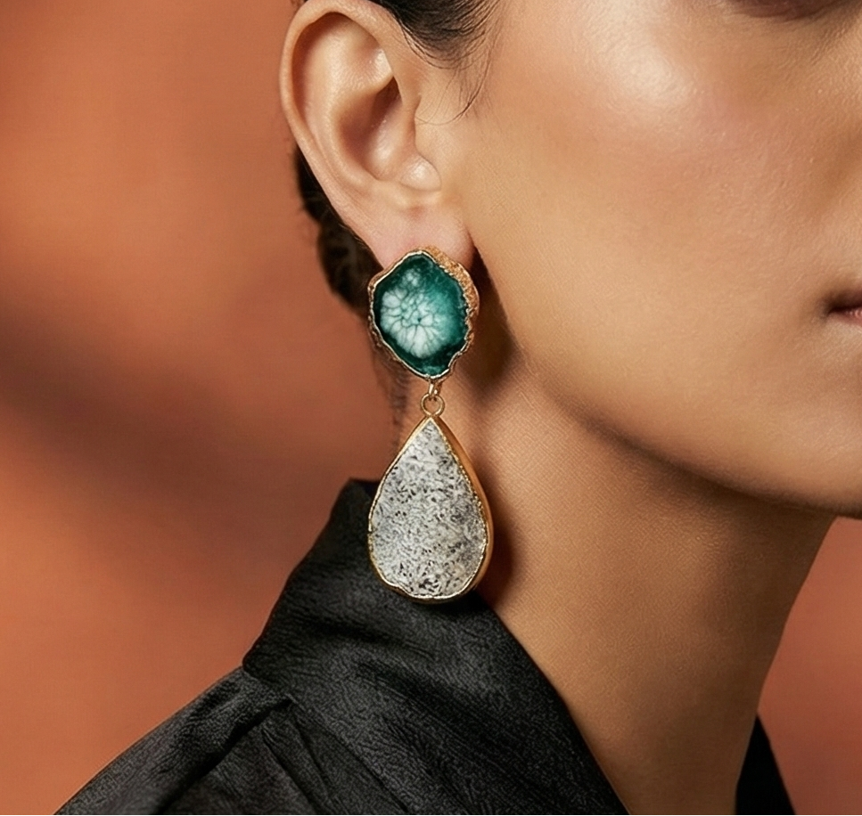 Gold Plated Earrings – Blue Agate Drops | Handmade Boho Jewelry from Turkey by Glam Duchess (unique-gold-plated-handmade-raw-gemstone-drop-earrings-blue-natural-agate-stone-dangle-earrings-bohemian-jewelry-made-in-turkiye)
