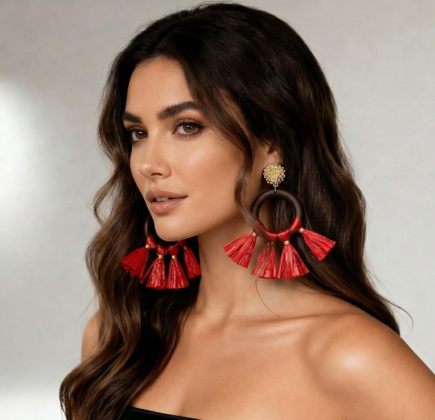 Wood Open Circle Raffia Tassel Dangle Earrings