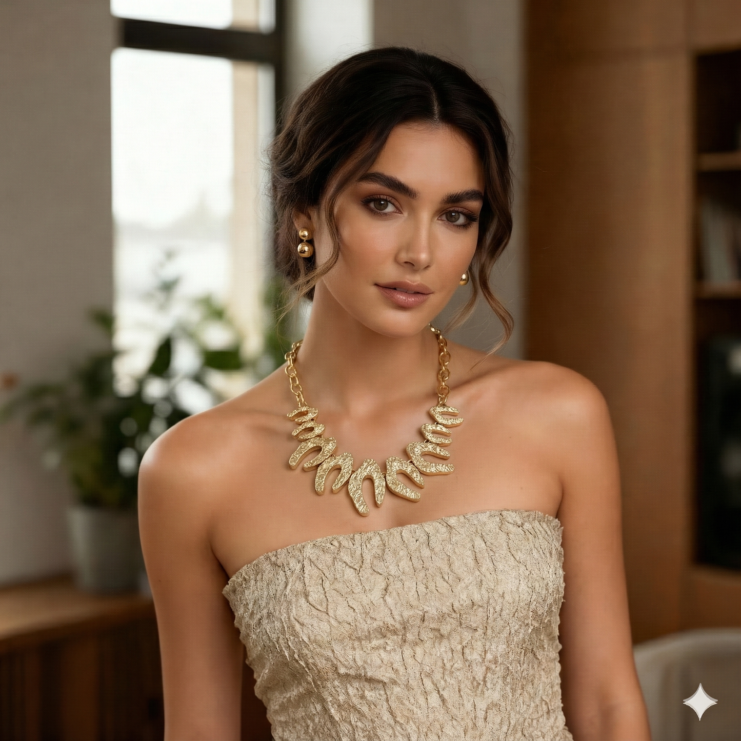 Textured Abstract Metal Object Beaded Statement Necklace Earrings Jewelry Set