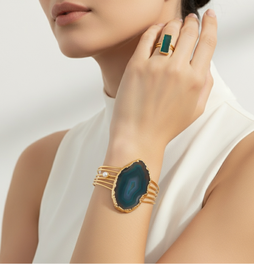 Handmade Gold Plated Agate Cuff & Ring Set | Modern Statement Jewelry