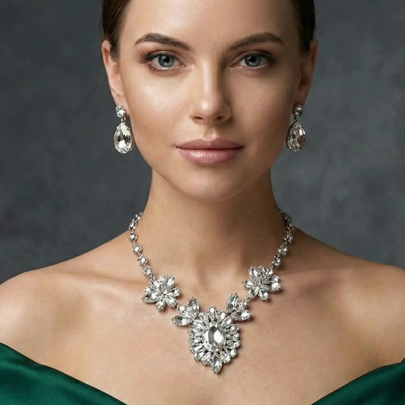 Crystal Statement Necklace – Bridal Jewelry Set With Teardrop Earrings | Adjustable Silver Tone by Glam Duchess (luxury-crystal-statement-necklace-earrings-set-elegant-bridal-evening-jewelry-1)