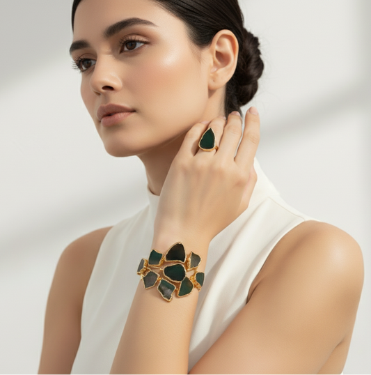 Handmade Gold Plated Cuff Bracelet and Ring Set with Green Natural Agate Stones, Adjustable Statement Bracelet, Special Occasion Jewelry, Handmade In Turkey