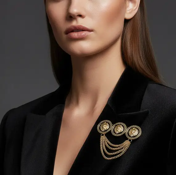 Triple Lion Head Pointed Chain Pin Brooch by Glam Duchess (triple-lion-head-pointed-chain-pin-brooch)