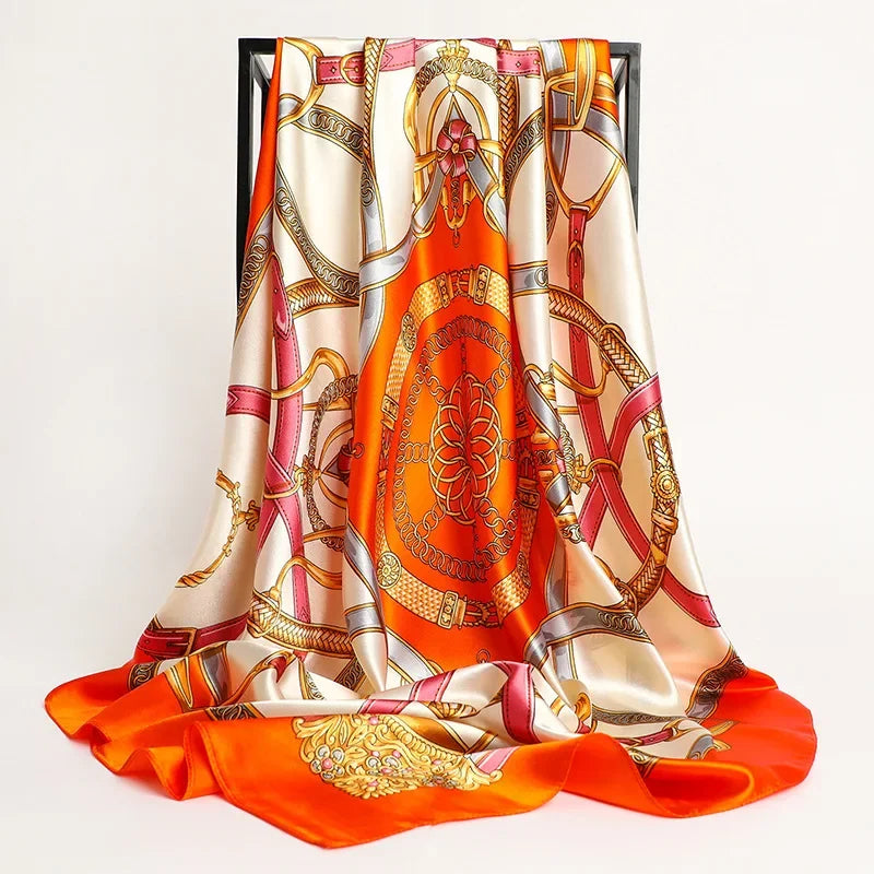 Handkerchiefs Hair Silk Scarf 90*90cm Print Satin Big Square Silk Scarves Shawls for Women Luxury Brand Designer Hijab Headband - Glam Duchess