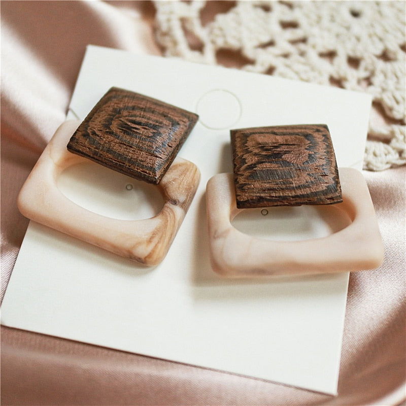 Vintage-Inspired Geometric Square Earrings with Wooden Accent