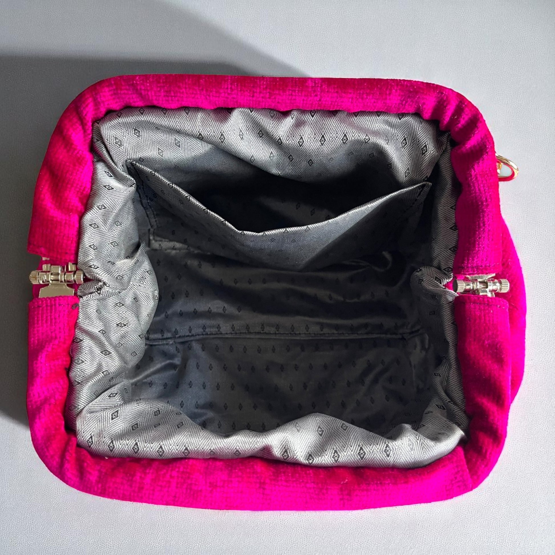 Hot Pink Velvet Clutch with Beaded Handle | Handmade Gold Chain Evening Bag | Statement Purse for Parties & Events - Glam Duchess