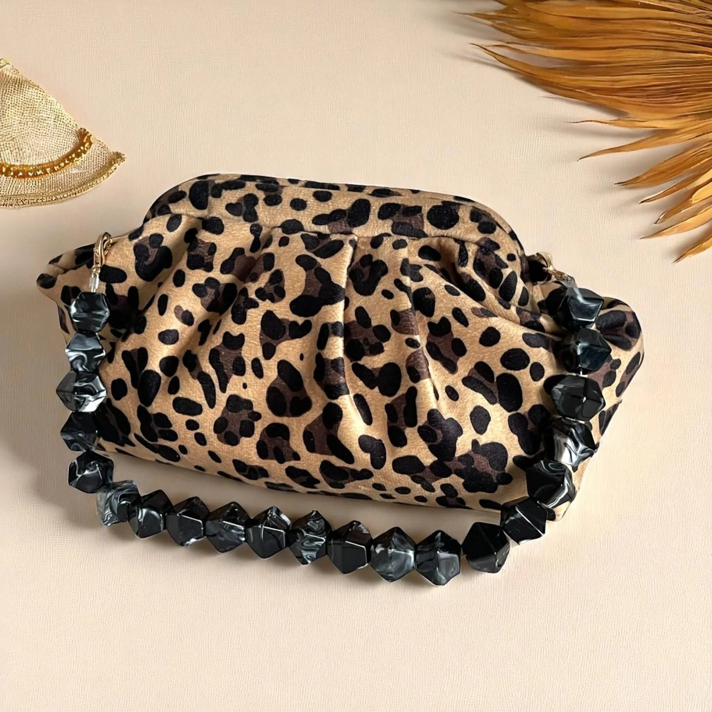 Leopard Print Clutch with Gold Chain and Beaded Handle | Handmade Animal Print Purse | Statement Evening Bag - Glam Duchess