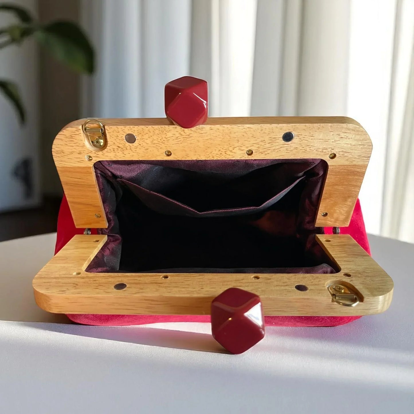 Luxury Fuchsia Velvet Clutch Handmade with Wood Frame , Minimal Evening Bag, Elegant Party Purse, Unique Gift - Glam Duchess