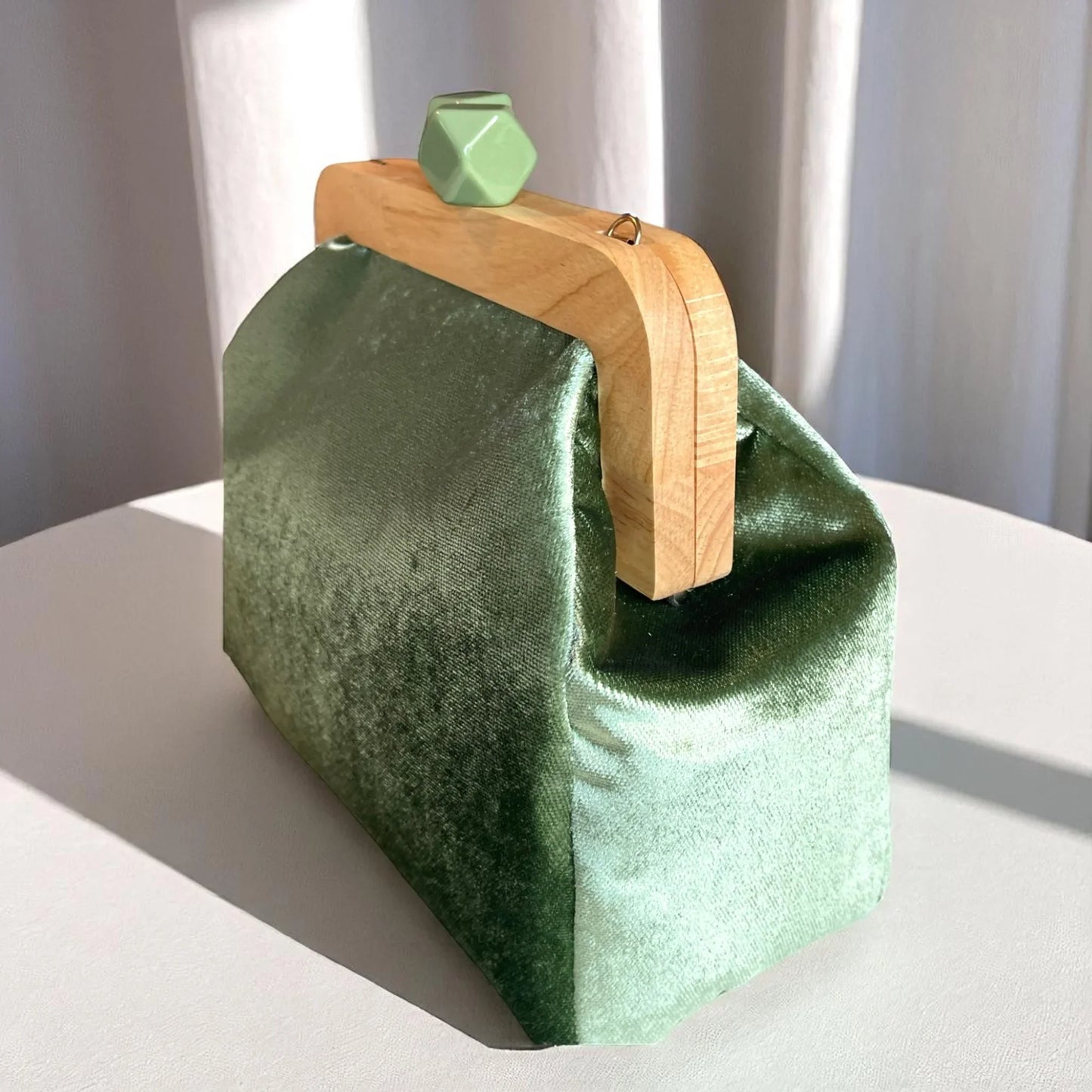 Olive Green Velvet Clutch with Wooden Frame, Handmade Elegant Evening Bag, Geometric Clasp Purse | Soft Fabric Accessory - Glam Duchess