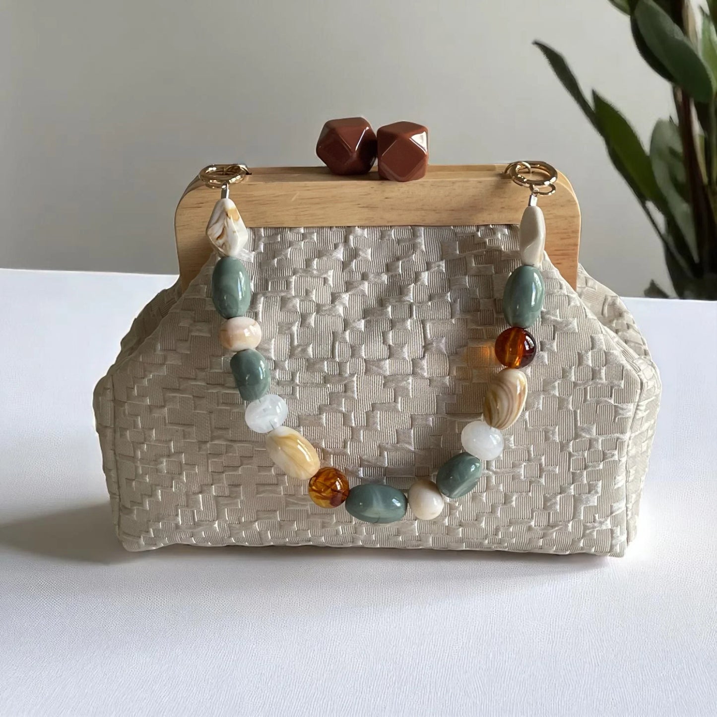Beige Textured Clutch with Wooden Frame and Stone Handle – Handmade Evening Bag | Neutral Party Purse | Aramele Atelier| - Glam Duchess