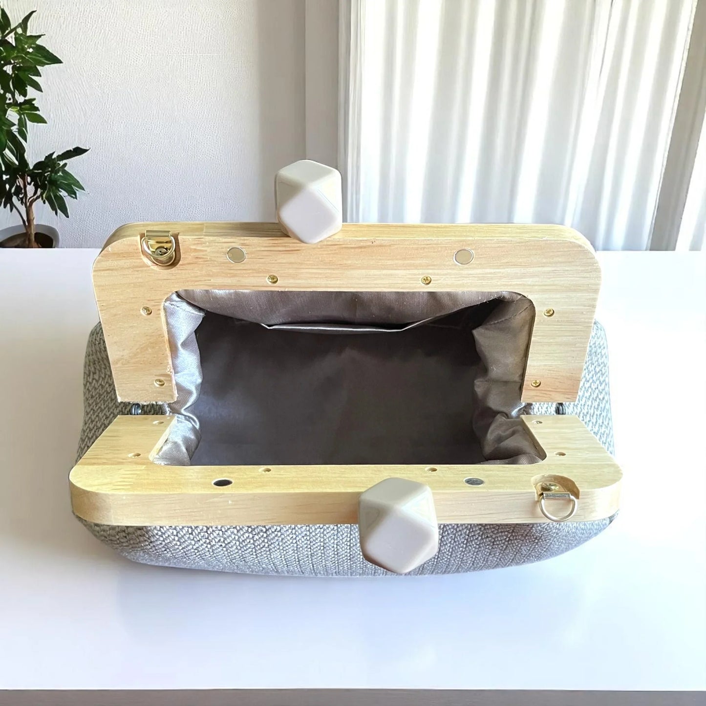 Handmade Beige Woven Clutch Bag with Wooden Frame and Marble Beaded Handle – Elegant Textured Purse for Women - Glam Duchess