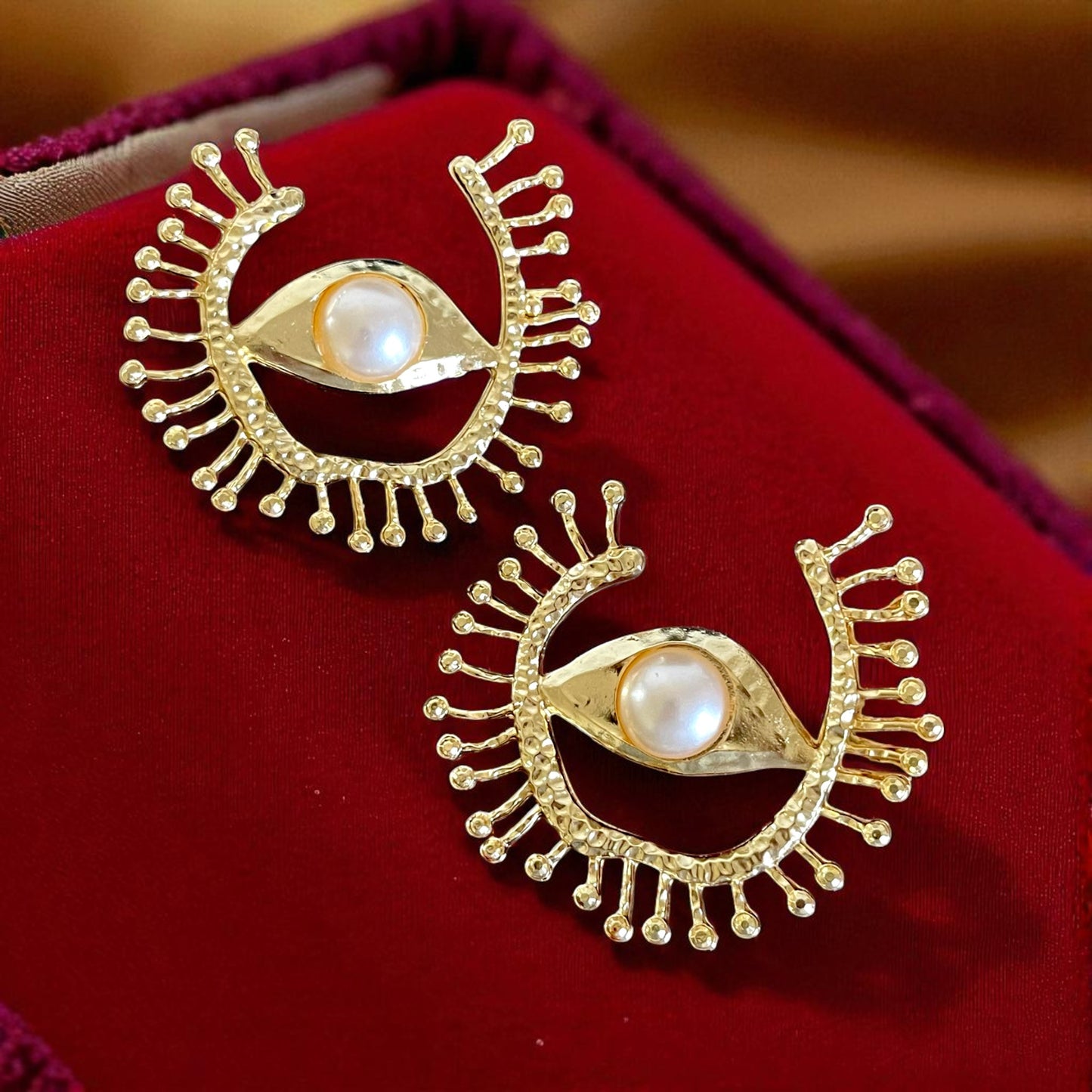 Handmade 18K Gold-Plated  Eye Statement Earrings with Pearl Center (6cm)