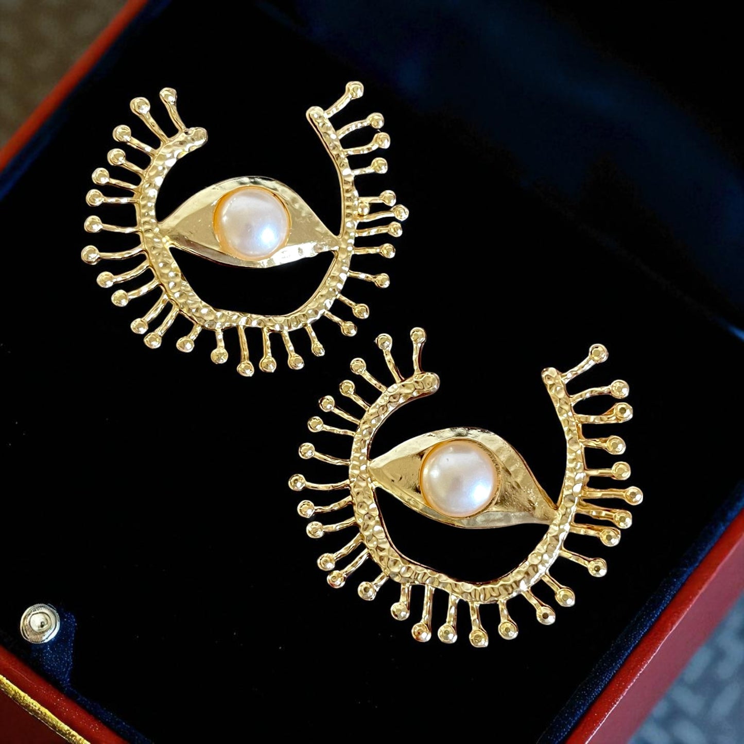 Handmade 18K Gold-Plated  Eye Statement Earrings with Pearl Center (6cm)