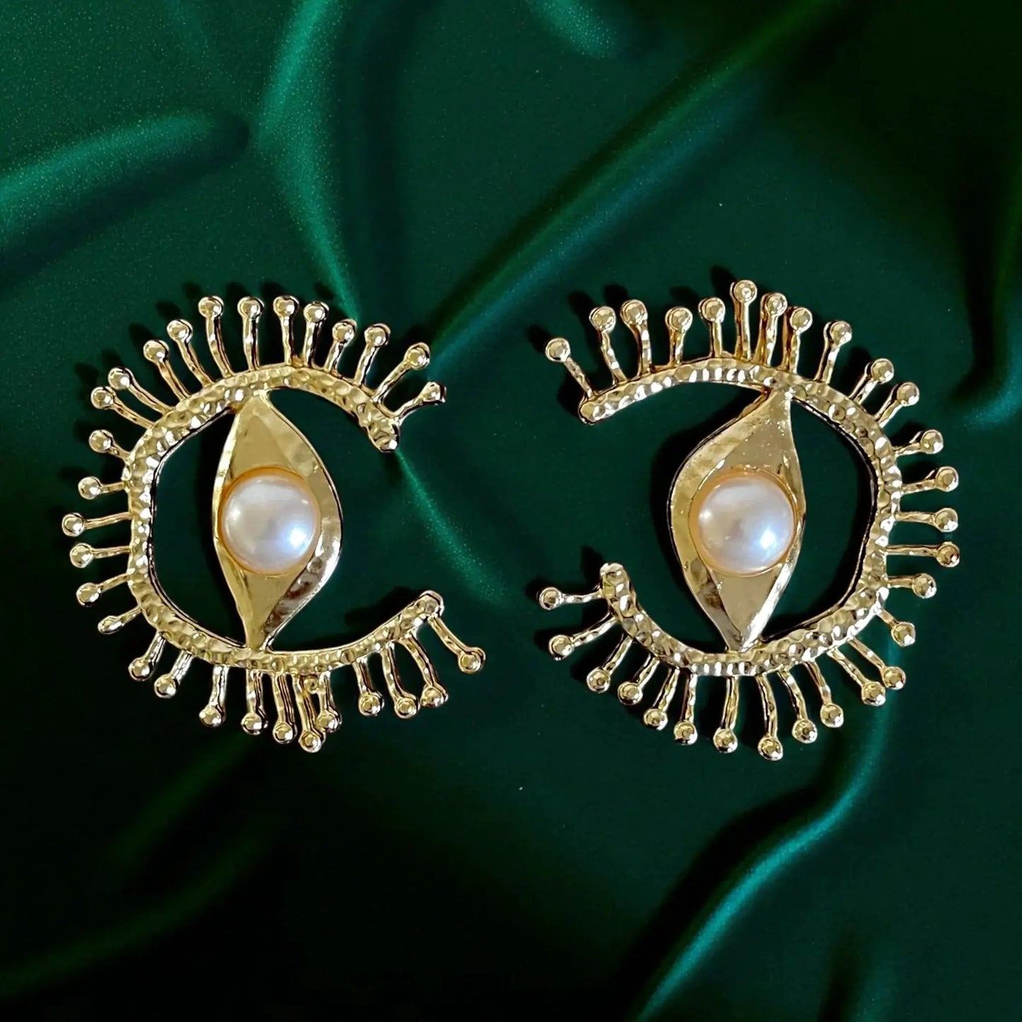Gold Plated Statement Earrings – Handmade 18K Gold Pearl Center Studs 6cm by Glam Duchess (handmade-18k-gold-plated-eye-statement-earrings-with-pearl-center-6cm)