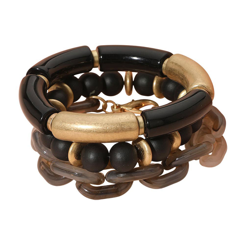3PCS - Bold Wooden Mixed Beaded Stretch Resin Link Multi Layered Bracelets