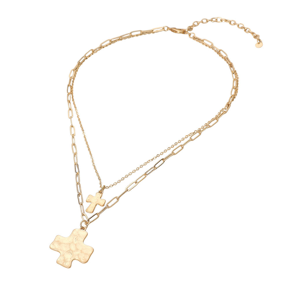 Hammered Metal Cross Pendant Accent Double Layered Necklace