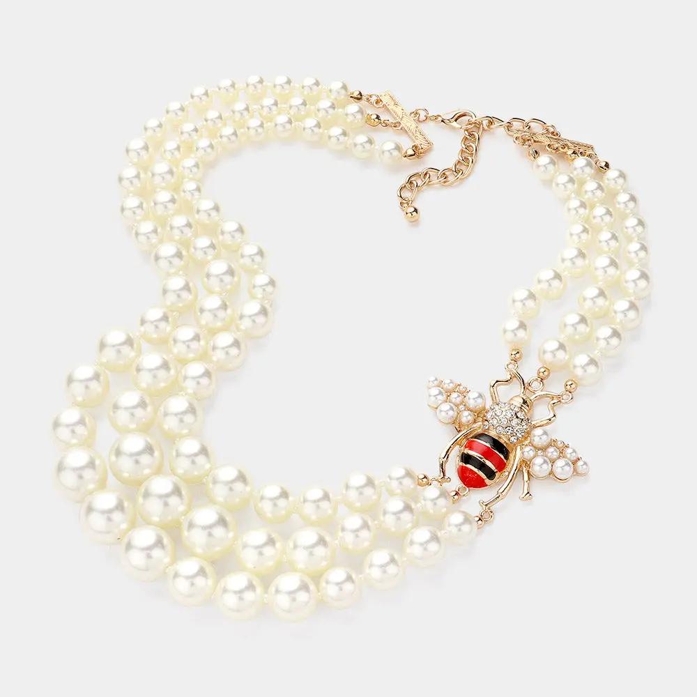 Honey Bee Pointed Pearl Layered Necklace Earrings Jewelry set by Glam Duchess (honey-bee-pointed-pearl-layered-necklace-earrings-jewelry-set)