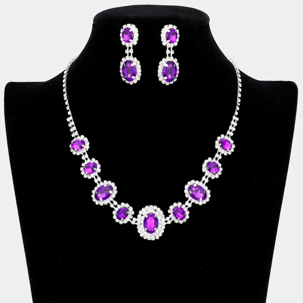 Purple Rhinestone Necklace and Earring Set - Glam Duchess
