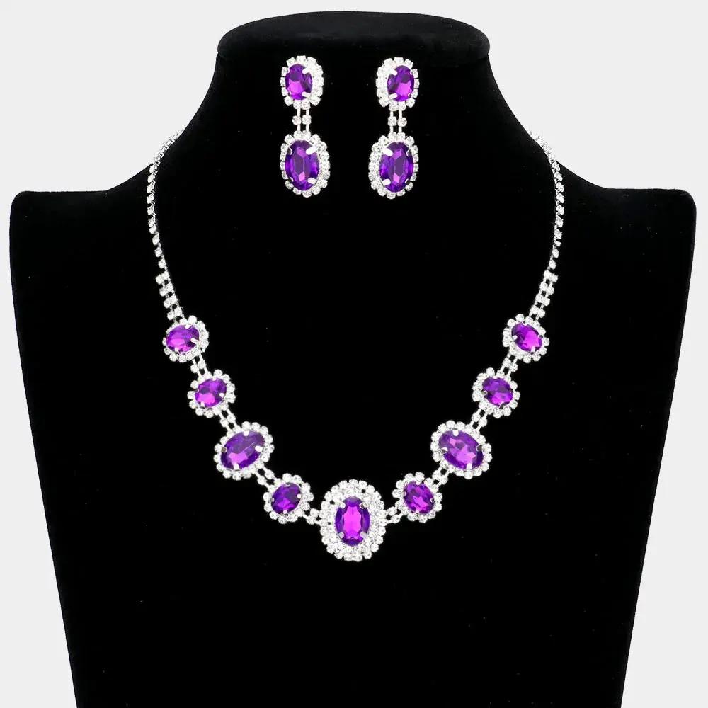 Purple Rhinestone Necklace - Elegant Sparkling Jewelry Set With Oval Cut Crystals by Glam Duchess (purple-rhinestone-necklace-and-earring-set)