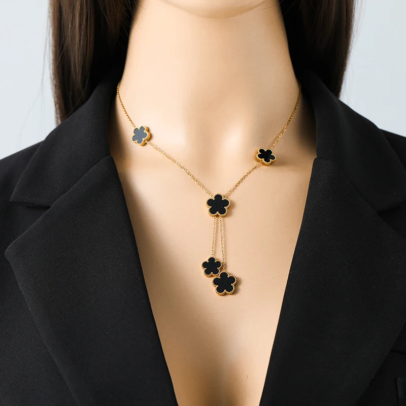 Stainless Steel Black Five Leaf Clover Tassel Pendant Necklace