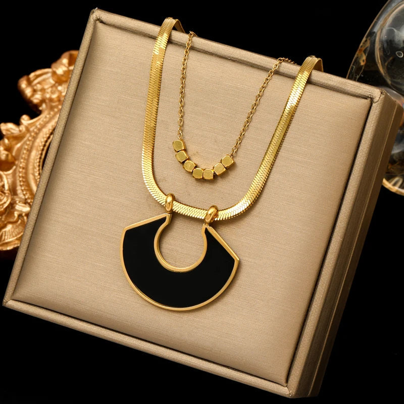 Stainless Steel Geometric Black Pendant Necklace
