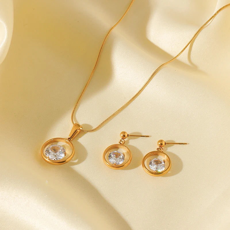 Stainless Steel Sparkling White Zircon Necklace Earrings Set