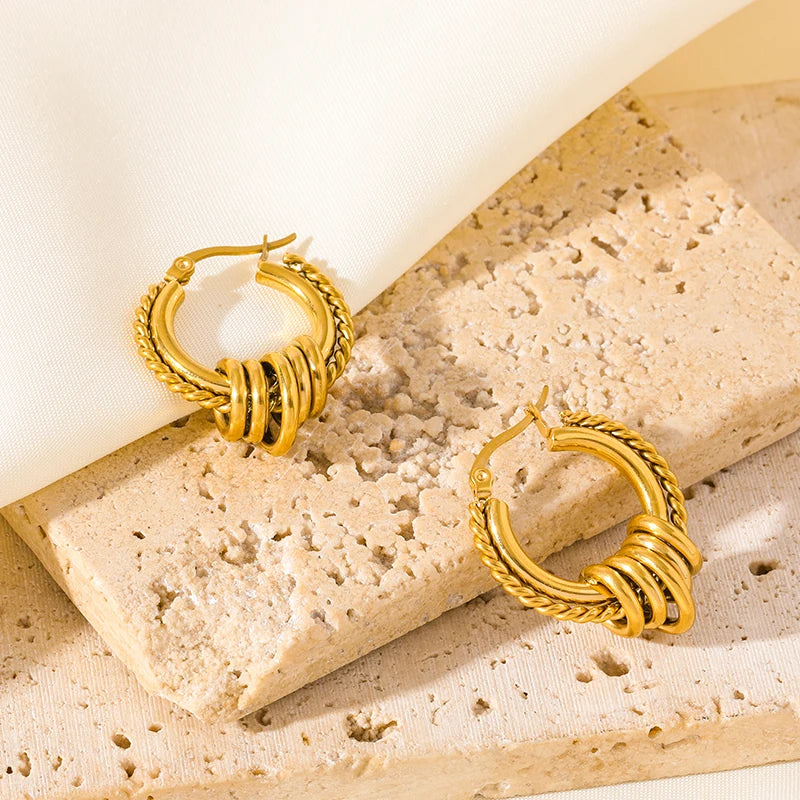 Stainless Steel Gold Color Twist Hoop Earrings