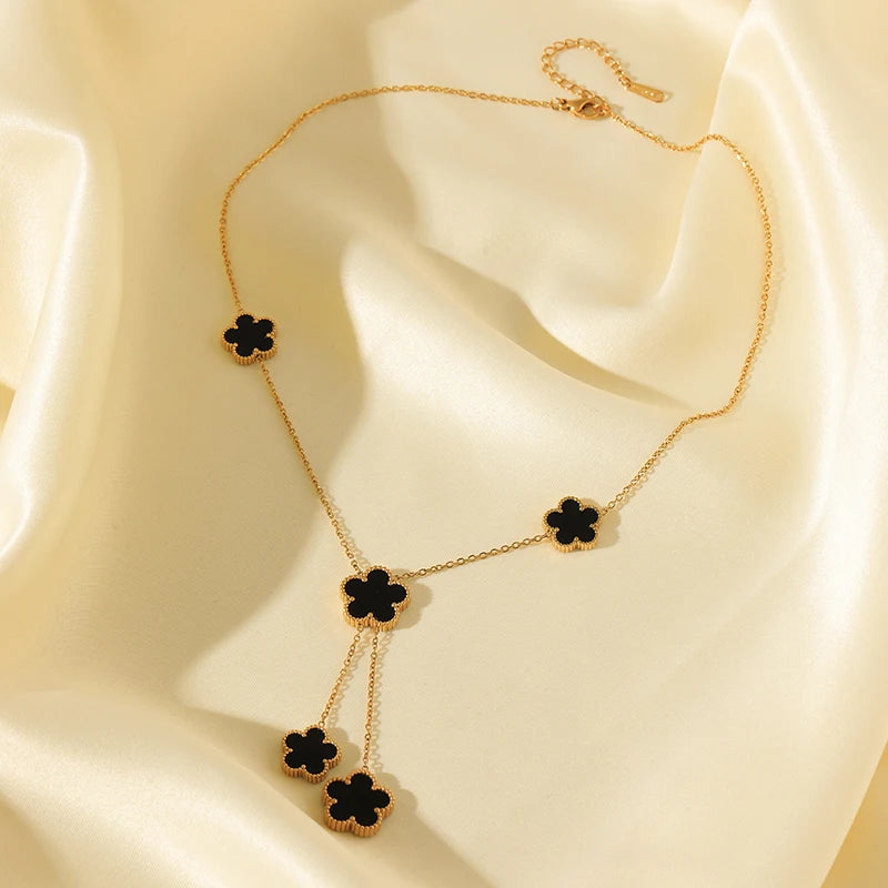 Stainless Steel Black Five Leaf Clover Tassel Pendant Necklace