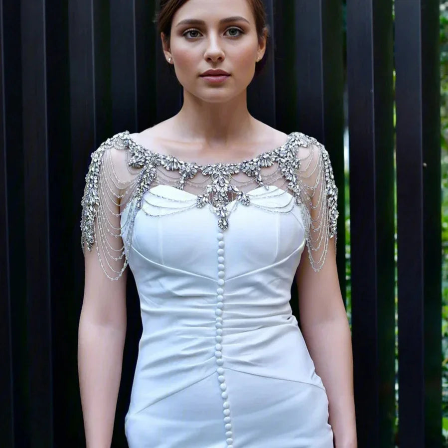Bridal Shoulder Necklace Jewelry, Bridal Shawl Rhinestone Crystal Tassel Wedding Jacket Bolero - Glam Duchess