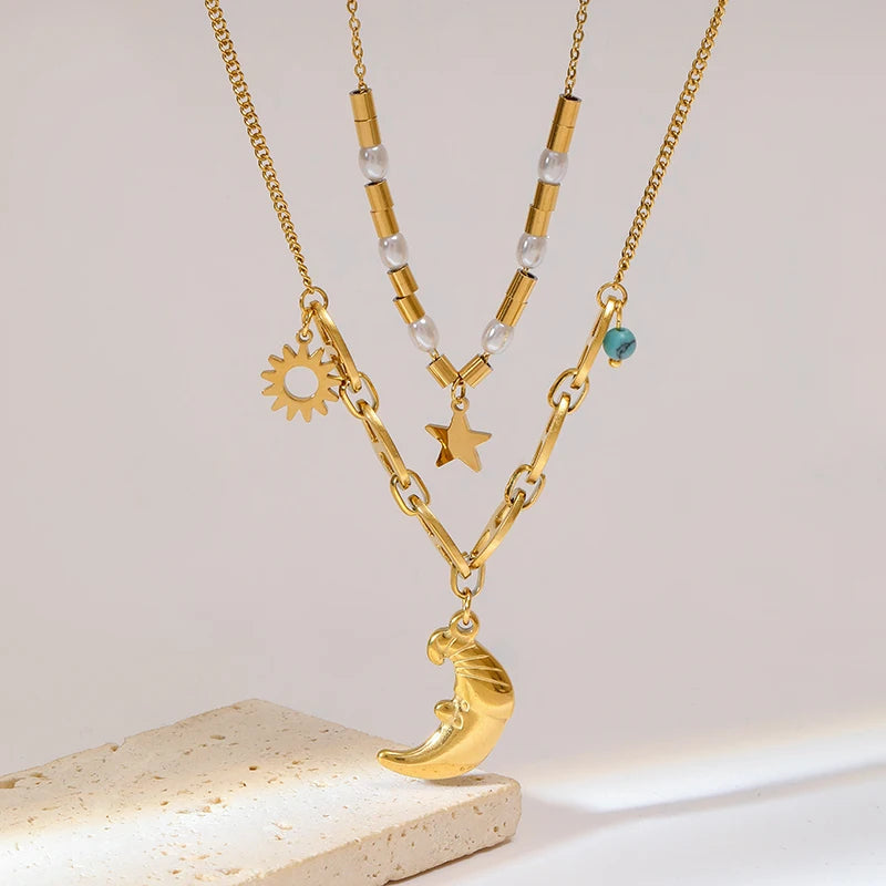 Stainless Steel Moon Starfish Heart Portraits Pendant Necklace