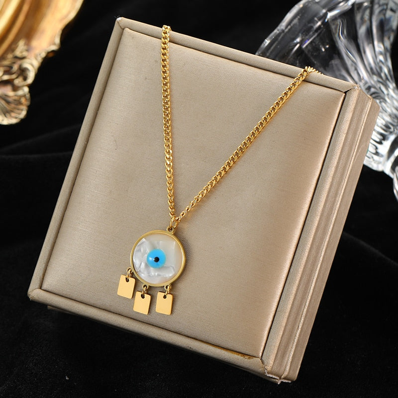 Blue Stone Eye Pendant Stainless Steel Necklace