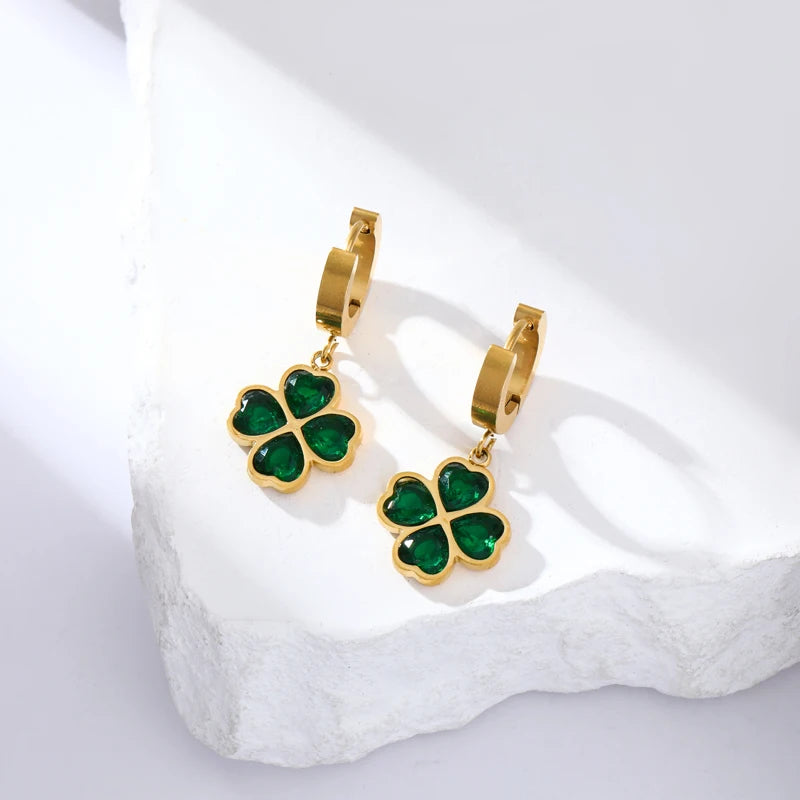 Stainless Steel Green Clover Zircon Necklace Bracelet Earrings