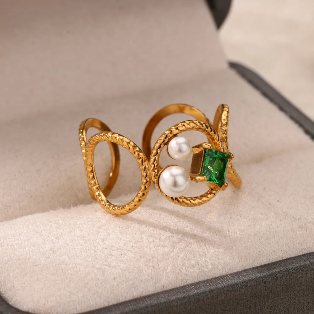 Vintage Green Zircon Adjustable Ring - Geometric Gold Stainless Steel Wedding Jewelry