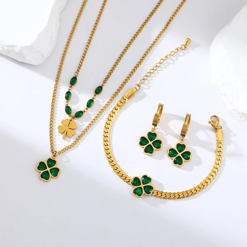 Stainless Steel Green Clover Zircon Necklace Bracelet Earrings
